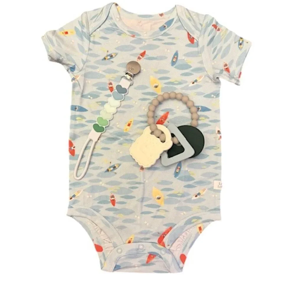 NWT Loulou Lollipop Set-Bodysuit Kayaks, Teething Ring, Paci Clip Size 6-12 Mnth